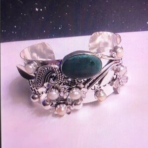Malachite Pearl Stamped 925 Sterling Silver Cuff Bracelet